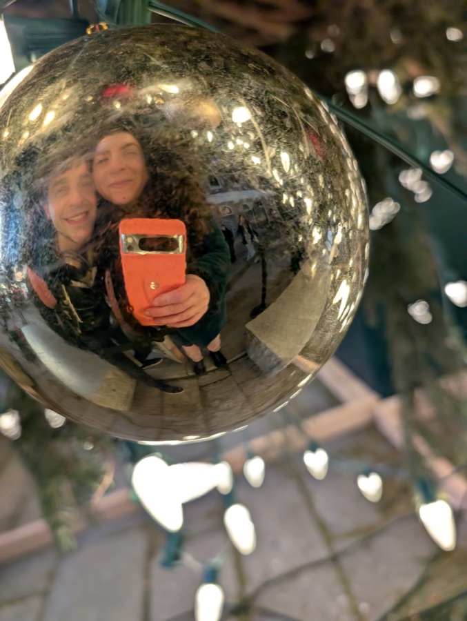 The two of us reflected in a silver ornament