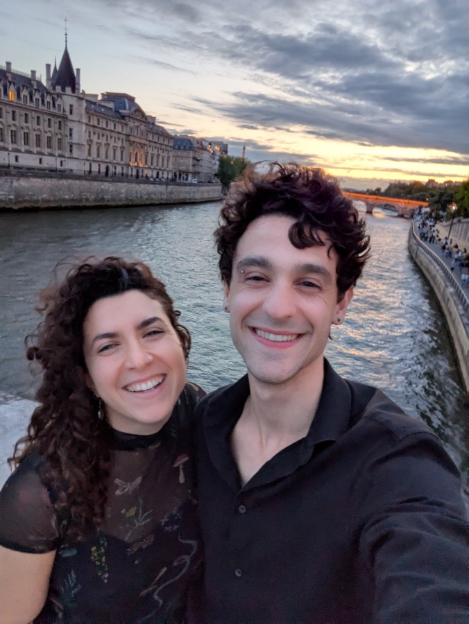 On a bridge over the Seine at sunset